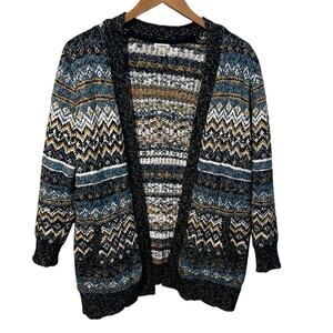 LL Bean Open Cardigan Sweater Women’s Medium Fair Isle Long Blue Cotton Rag Knit